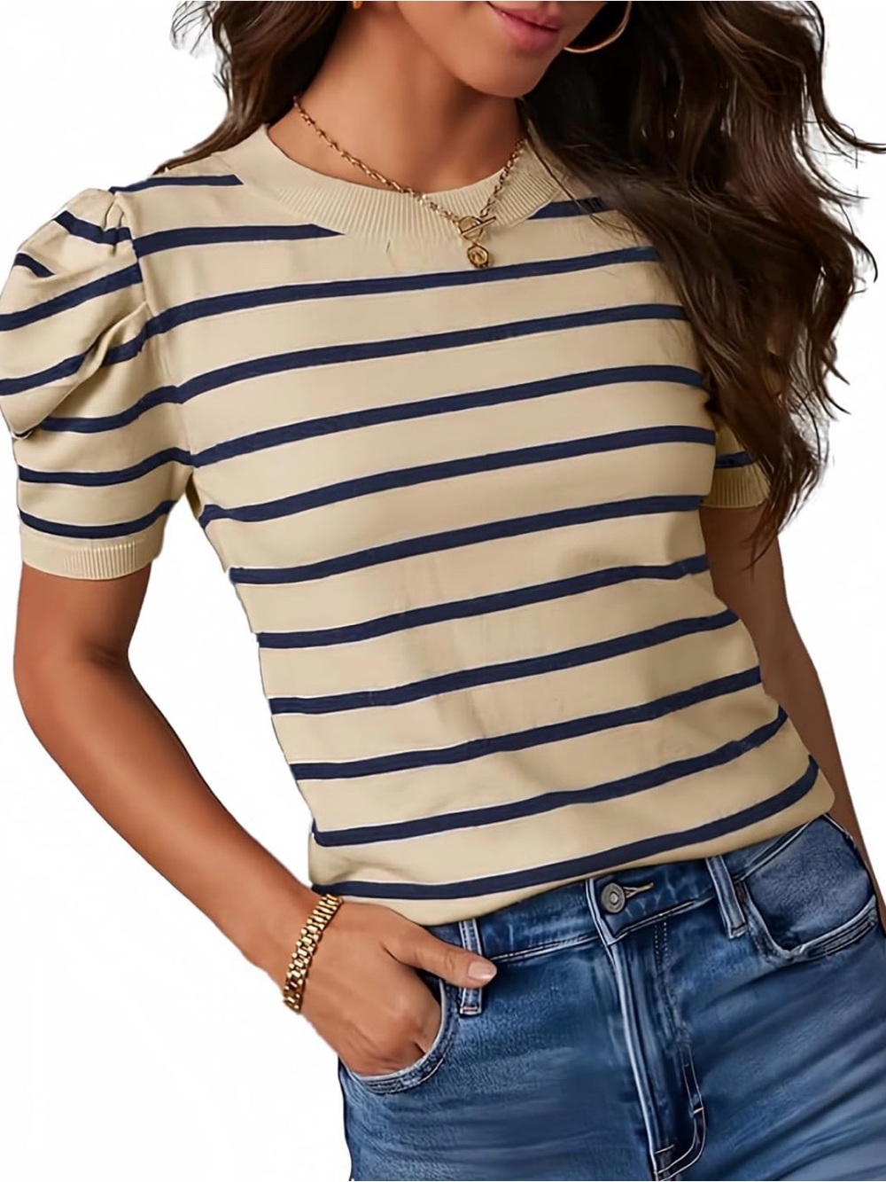 Dokotoo Women's Short Puff Sleeve Knit Striped Sweater